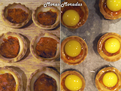 preparación de canastillas de sobrasada con huevo de codorniz