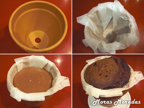 maceta con bizcocho de chocolate