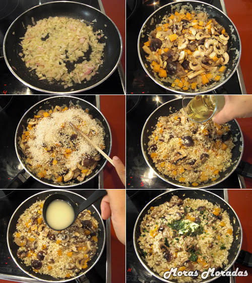 preparación de risotto con setas y calabaza