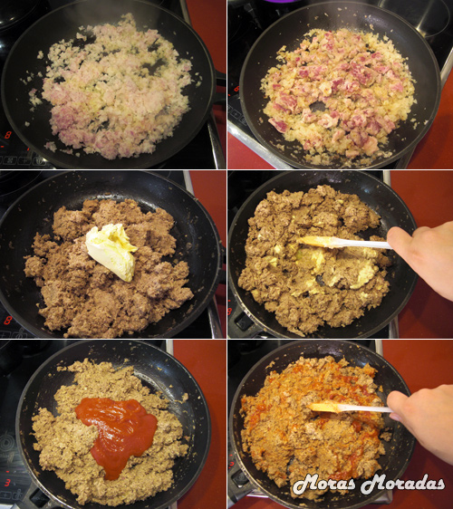 preparación del relleno de los canelones de carne