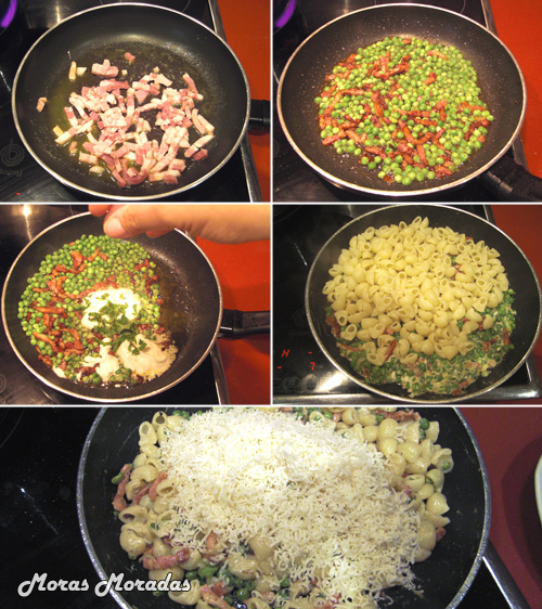 cocinar mini coditos de pasta con salsa cremosa de bacon ahumado y guisantes