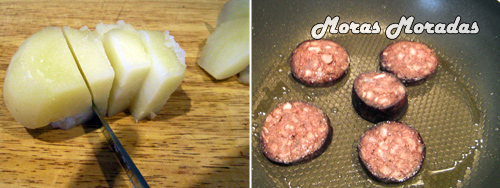 como hacer montaditos de patata, morcilla y compota de manzana