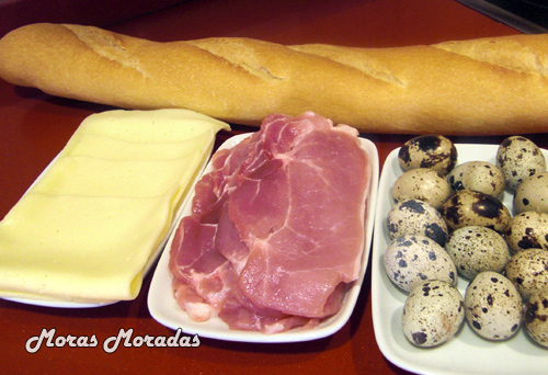 ingredientes para hacer montadito de lomo, queso y huevos de codorniz