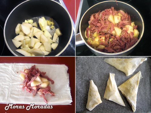 como hacer triángulos rellenos de pato y pera