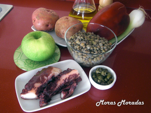 ingredientes para hacer una ensalada de lentejas con pulpo